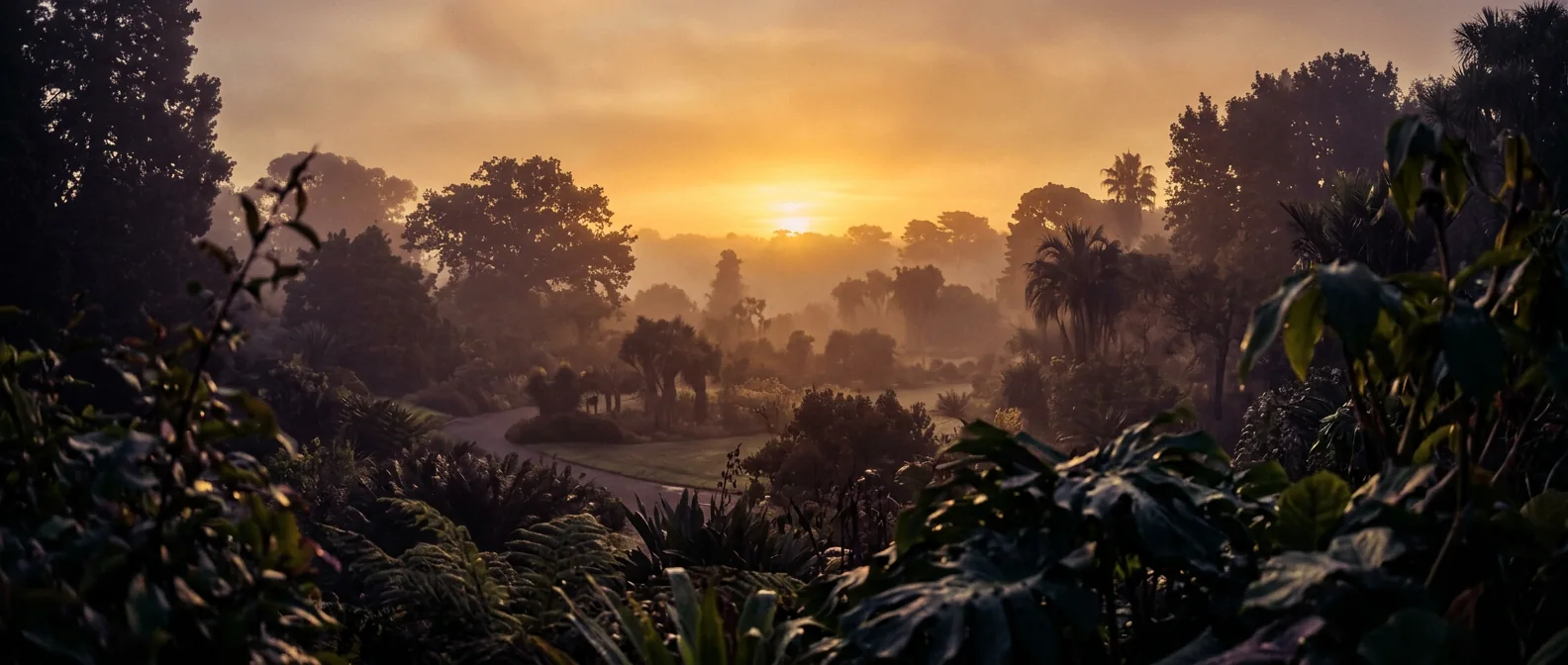 Botanical garden at golden sunrise