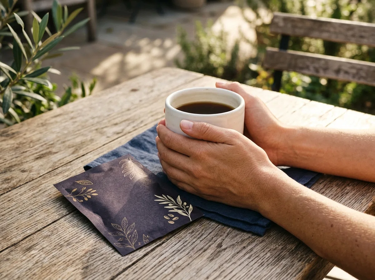 Hands holding a white ceramic mug with supplement sachet beside it at a wooden table